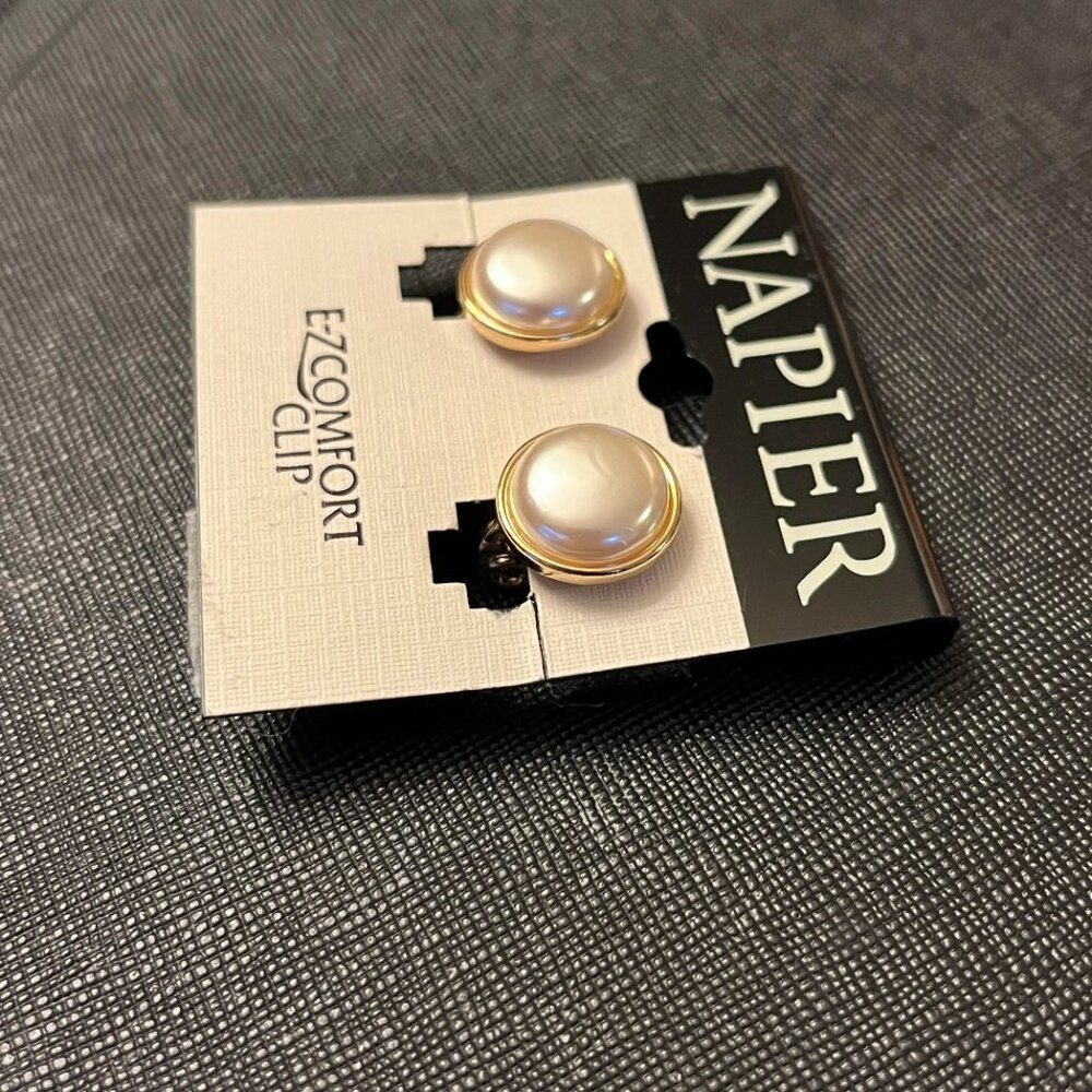 Napier TJG Golden Tone Faux Pearl Clip-on Earrings - Picture 2 of 9